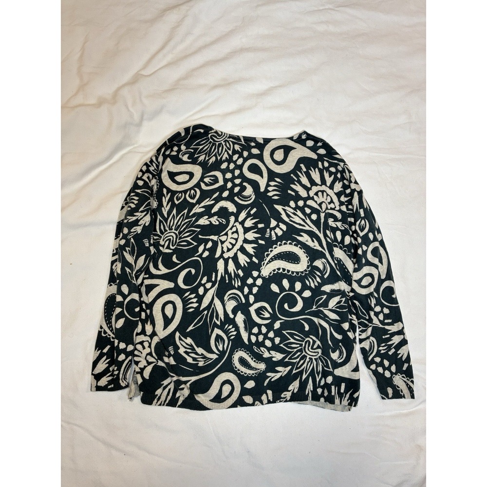 Fat Face Paisley Sweater Womens 12 Large Blue Cream Knit Crew Neck Long Sleeve‎